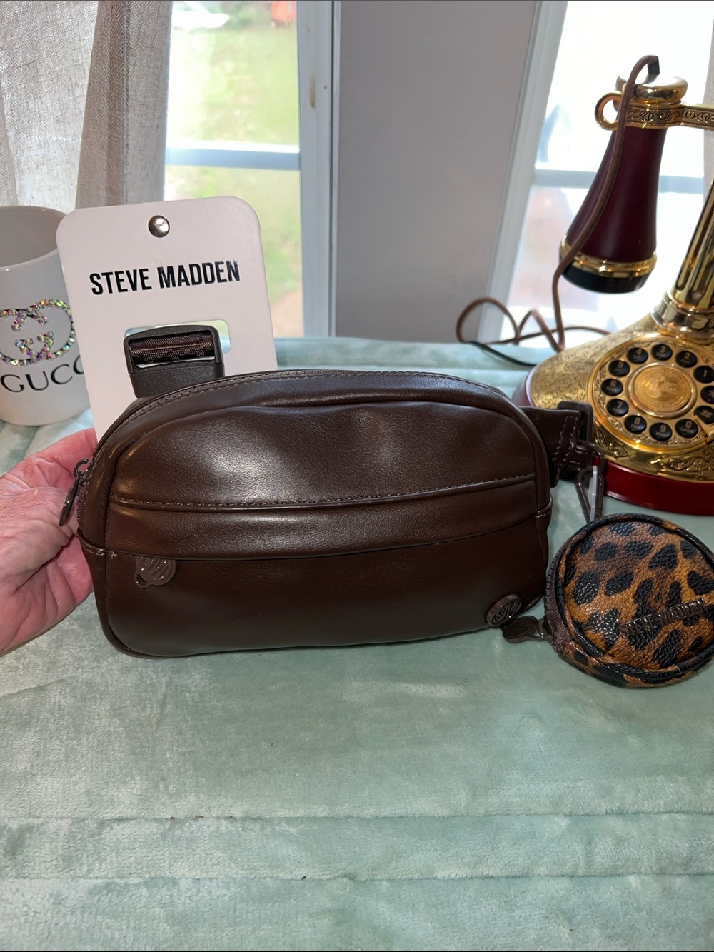 Steve Madden Dark Brown Leather Belt Bag with Leopard Coin Pouch